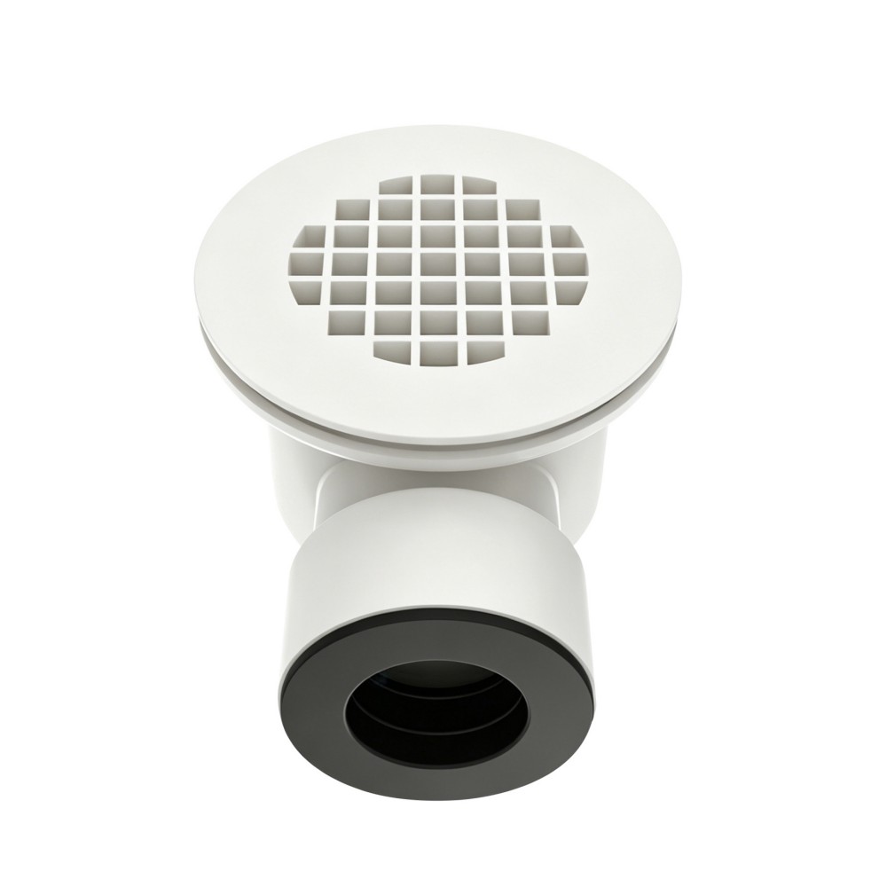 Perspective view of round PVC shower floor drain with removable anti-odor siphon