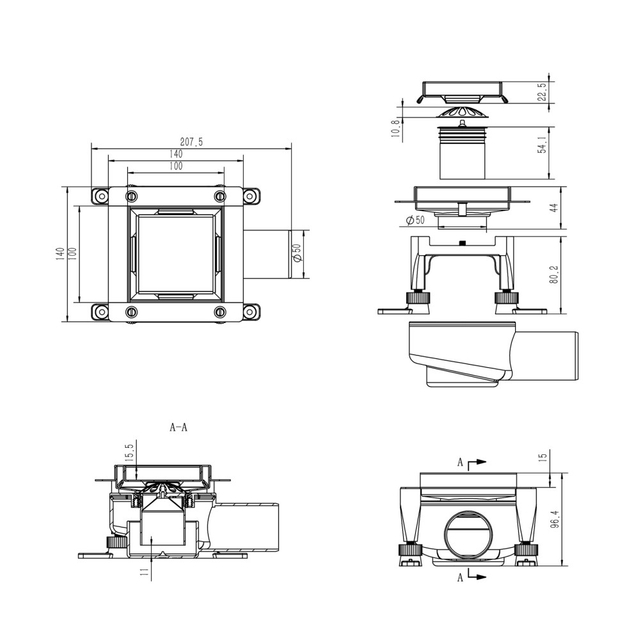 Technical dimensions and specifications for horizontal shower drain square